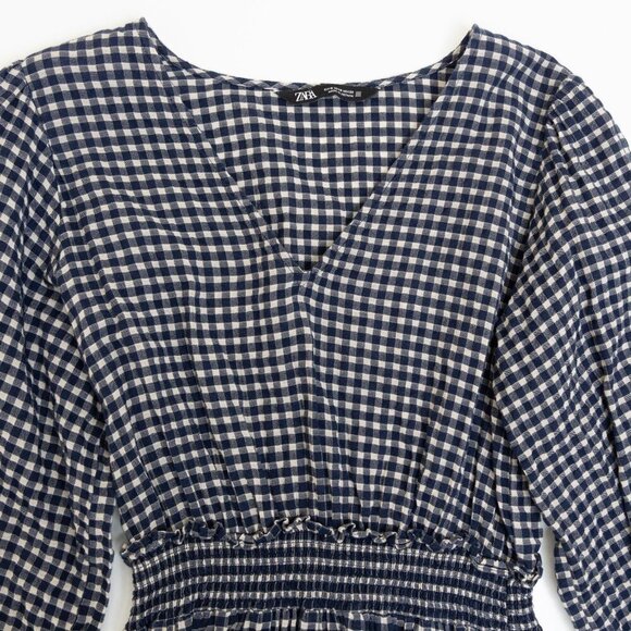 Zara Gingham Check Mini Dress Navy White Smocked Waist 100% Cotton - Picture 4 of 12